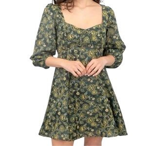 J Crew NWT Sweetheart Long Sleeve Mini Dress in Green Vintage Vines